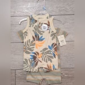Brand New 2 Pack Tropical Leaf Amd Stripes Baby Romper Set